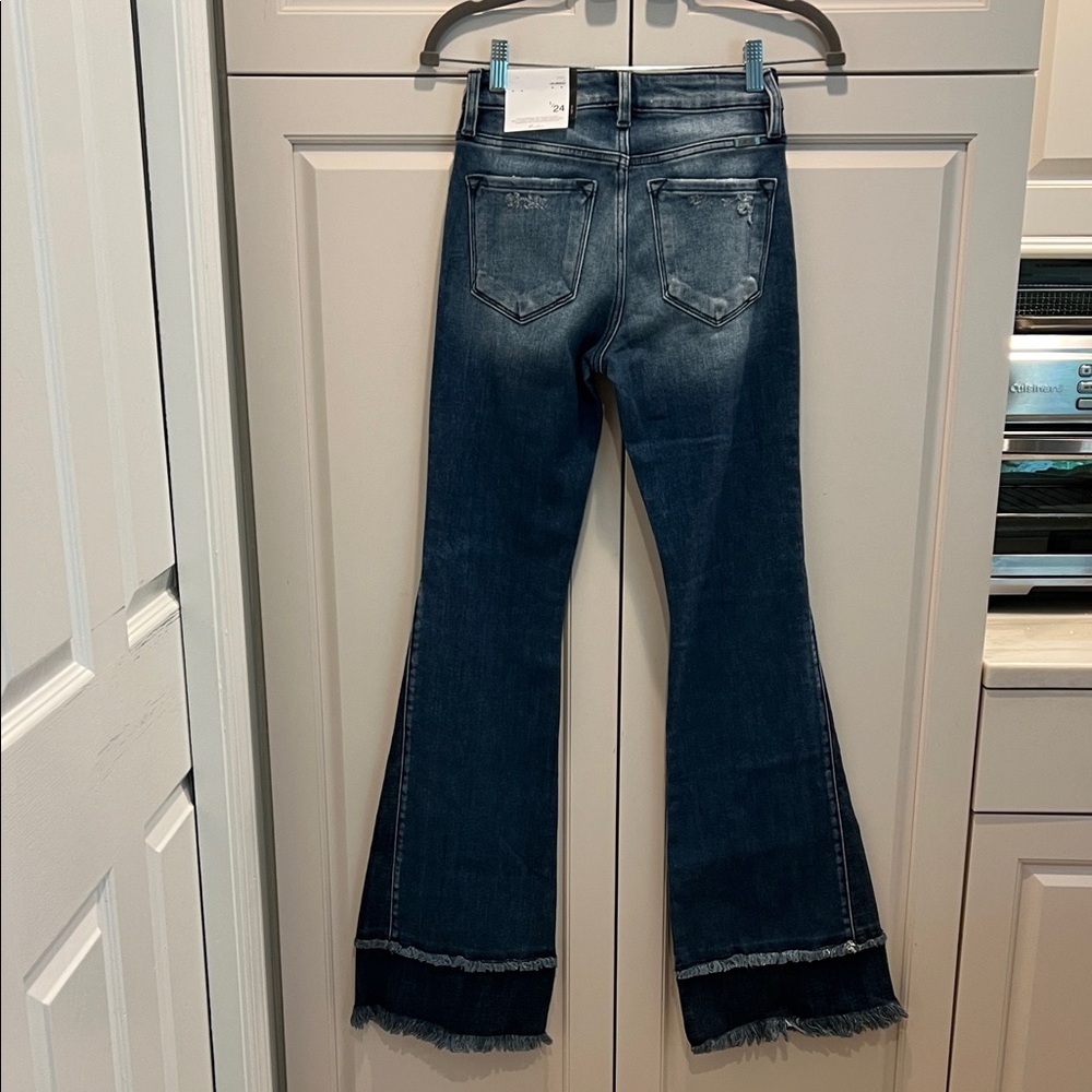 KanCan Dark Blue High-Rise Flare Jeans with Frayed Hem 24/32 - Picture 4 of 13